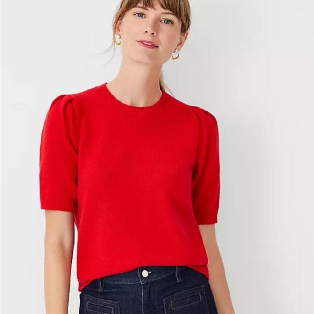 Ann Taylor Red Puff Sleeve Crew Neck Boxy T-Shirt